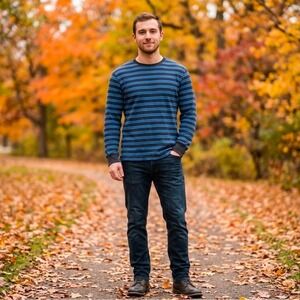 Old Navy Mens XL Blue Black Striped Waffle Knit Thermal Long Sleeve Shirt